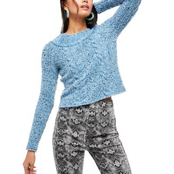 Free People Avalon Cropped Pullover Sweater Blue Marine - Picture 2 of 3